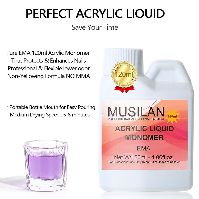 MUSILAN Monomer Acrylic Nail Liquid 4oz for Acrylic Powder - Professional Acrylic Liquid Monomer for Acrylic Nails Extension with 5pcs Acrylic Nail Brush Dappen Dish for Beginners DIY at home Non-Yellowing - Image 3